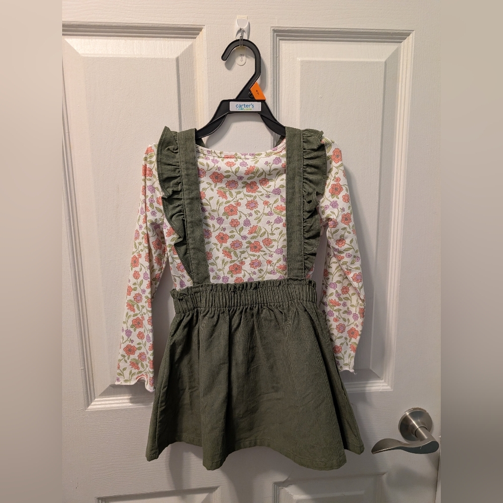 Carter's | Olive Green Corduroy Overall Jumper W/  Floral Shirt